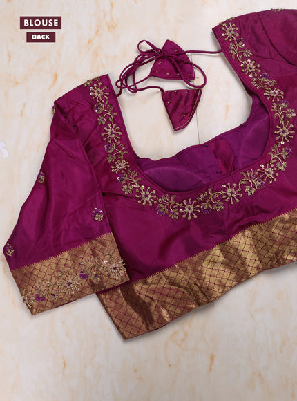 Wine - Magenta Pink Pure Kanchipuram Silk Saree Embroidered Readymade Blouse
