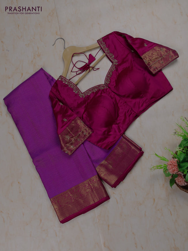 Purple - Magenta Pink Pure Kanchipuram Silk Saree Embroidered Readymade Blouse