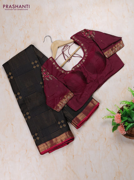 Black - Wine Pure Kanchipuram Silk Saree Embroidered Readymade Blouse