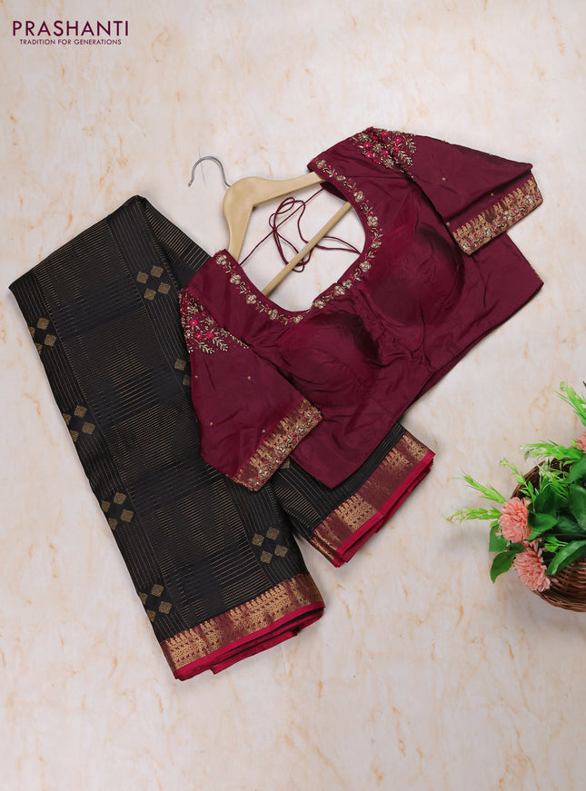 Black - Wine Pure Kanchipuram Silk Saree Embroidered Readymade Blouse