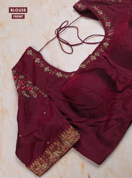 Black - Wine Pure Kanchipuram Silk Saree Embroidered Readymade Blouse