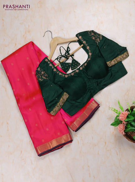 Dual Shade Of Pink - Bottle Green Pure Kanchipuram Silk Saree Embroidered Readymade Blouse