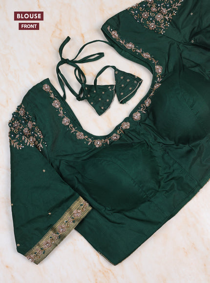 Dual Shade Of Pink - Bottle Green Pure Kanchipuram Silk Saree Embroidered Readymade Blouse