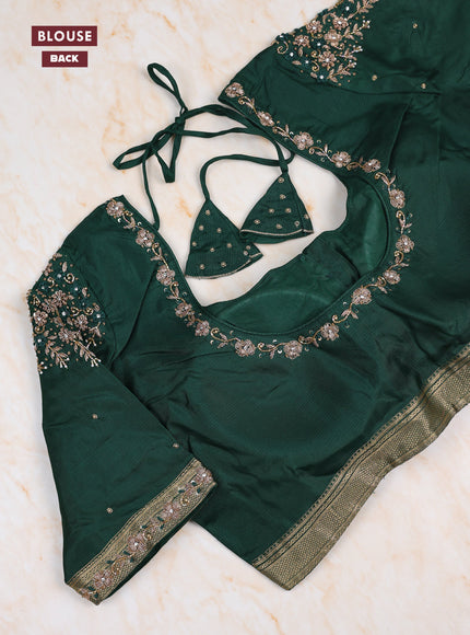 Dual Shade Of Pink - Bottle Green Pure Kanchipuram Silk Saree Embroidered Readymade Blouse