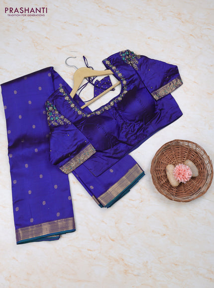 Blue Pure Kanchipuram Silk Saree Embroidered Readymade Blouse