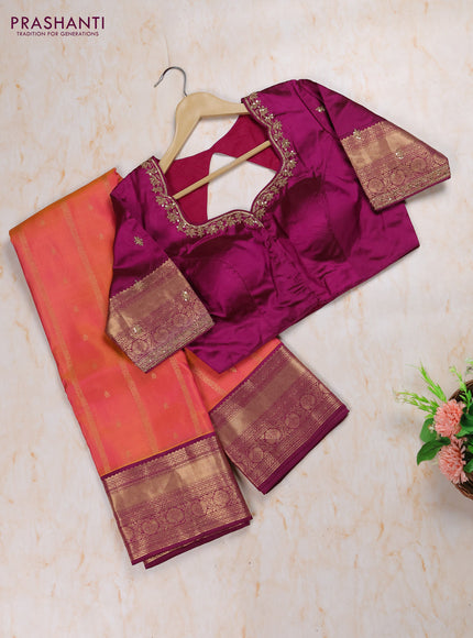 Dual Shade Of Pinkish Orange - Purple Pure Kanchipuram Silk Saree Embroidered Readymade Blouse
