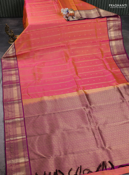 Dual Shade Of Pinkish Orange - Purple Pure Kanchipuram Silk Saree Embroidered Readymade Blouse