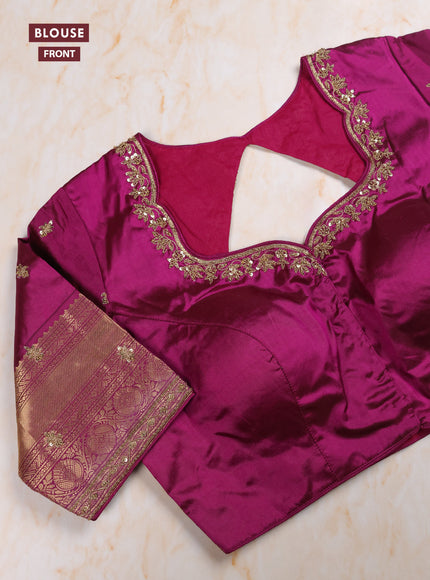 Dual Shade Of Pinkish Orange - Purple Pure Kanchipuram Silk Saree Embroidered Readymade Blouse