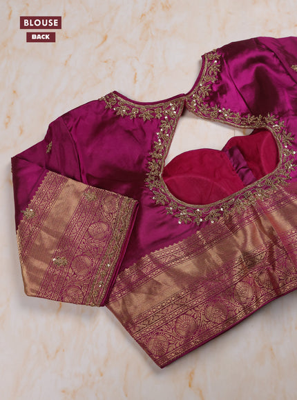 Dual Shade Of Pinkish Orange - Purple Pure Kanchipuram Silk Saree Embroidered Readymade Blouse