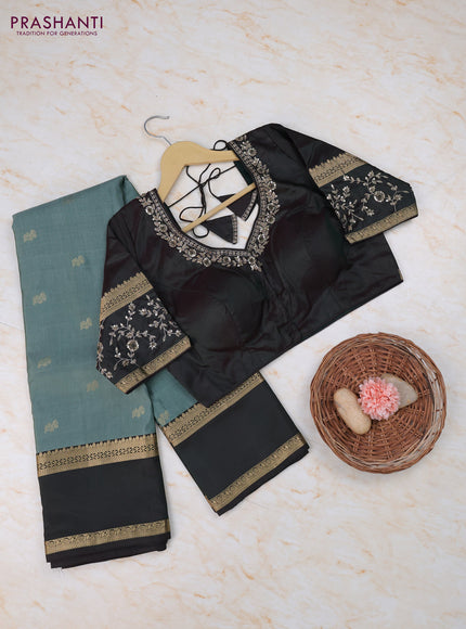 Pastel Green - Bottle Green Pure Kanchipuram Silk Saree Embroidered Readymade Blouse