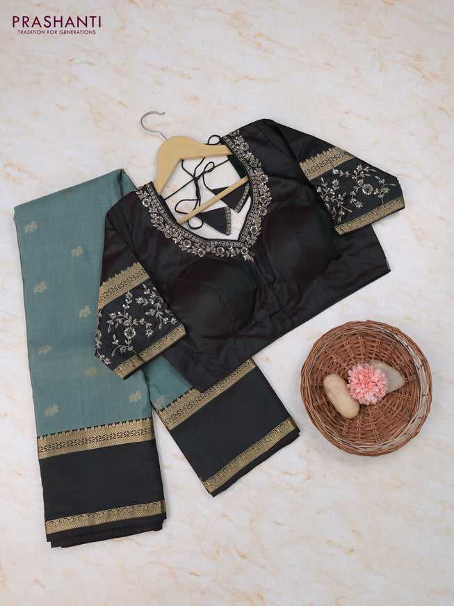 Pastel Green - Bottle Green Pure Kanchipuram Silk Saree Embroidered Readymade Blouse