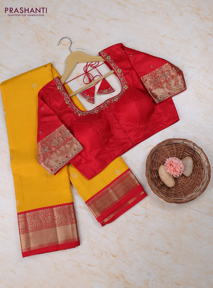 Yellow - Red Pure Kanchipuram Silk Saree Embroidered Readymade Blouse