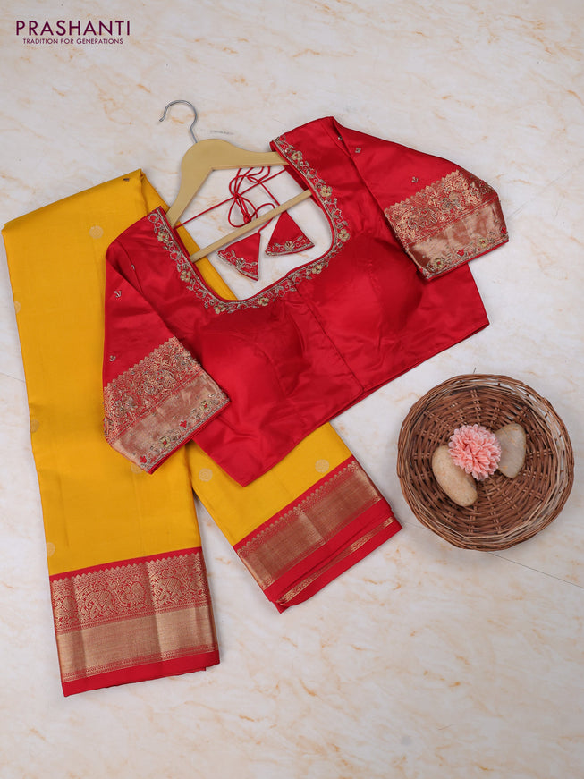 Yellow - Red Pure Kanchipuram Silk Saree Embroidered Readymade Blouse
