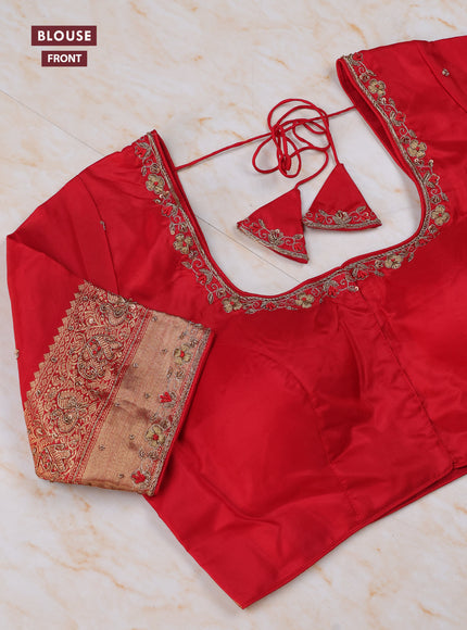 Yellow - Red Pure Kanchipuram Silk Saree Embroidered Readymade Blouse