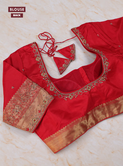 Yellow - Red Pure Kanchipuram Silk Saree Embroidered Readymade Blouse