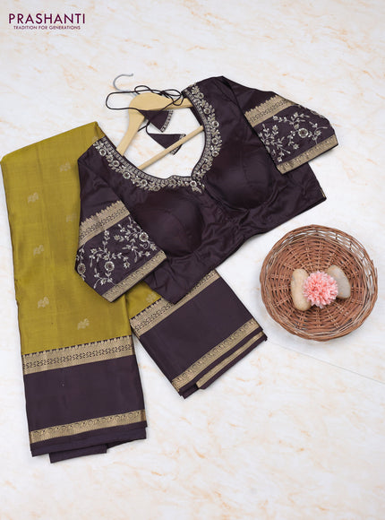 Mehendi Green - Coffee Brown Pure Kanchipuram Silk Saree Embroidered Readymade Blouse