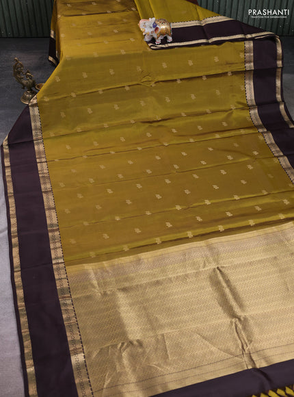 Mehendi Green - Coffee Brown Pure Kanchipuram Silk Saree Embroidered Readymade Blouse