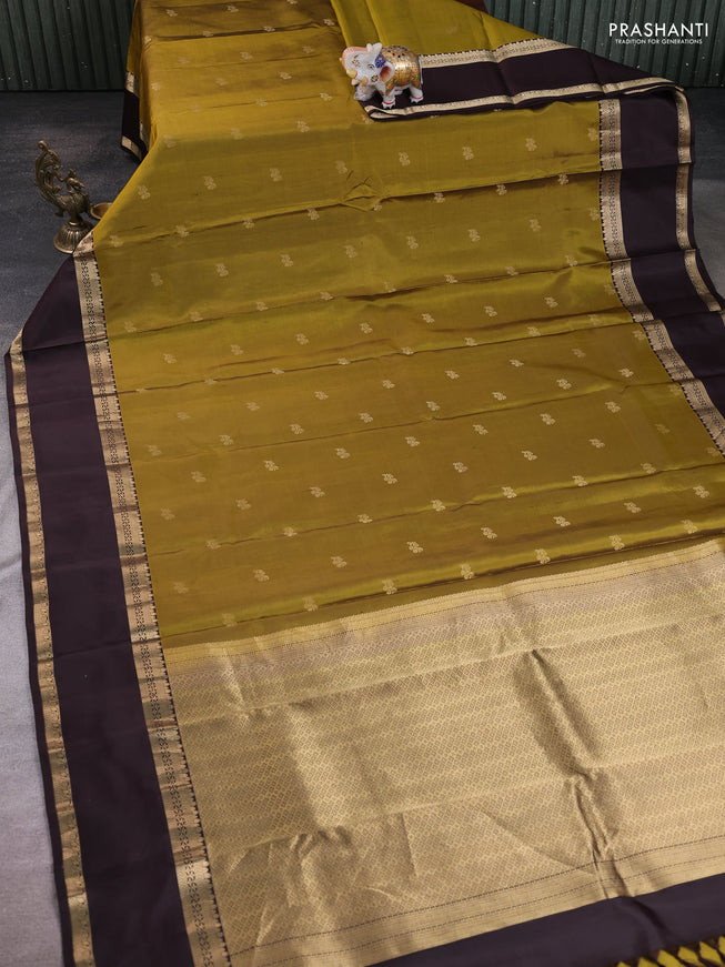 Mehendi Green - Coffee Brown Pure Kanchipuram Silk Saree Embroidered Readymade Blouse