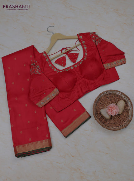 Red Pure Kanchipuram Silk Saree Embroidered Readymade Blouse