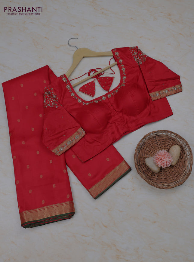 Red Pure Kanchipuram Silk Saree Embroidered Readymade Blouse