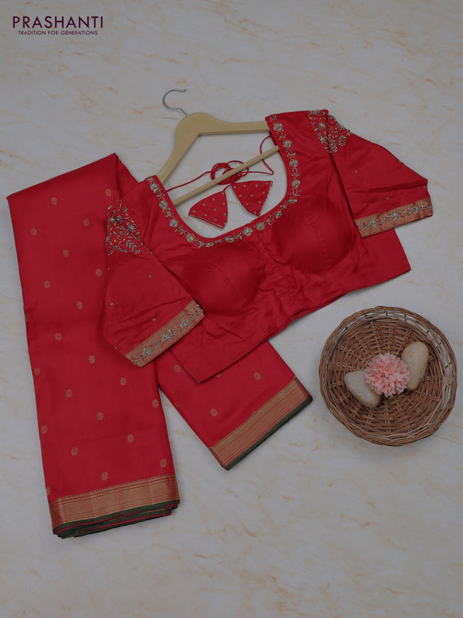 Red Pure Kanchipuram Silk Saree Embroidered Readymade Blouse