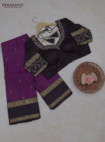 Purple - Coffee Brown Pure Kanchipuram Silk Saree Embroidered Readymade Blouse