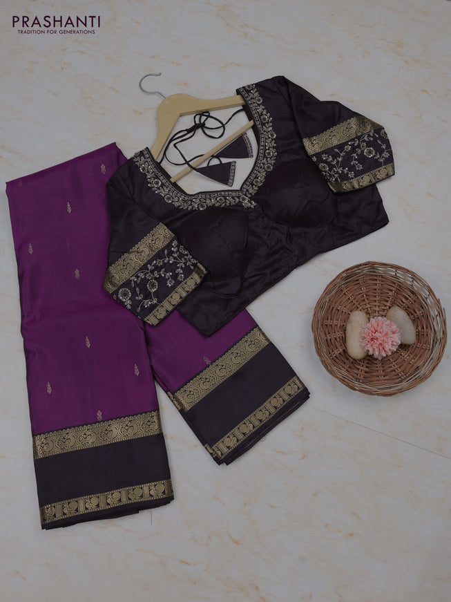 Purple - Coffee Brown Pure Kanchipuram Silk Saree Embroidered Readymade Blouse