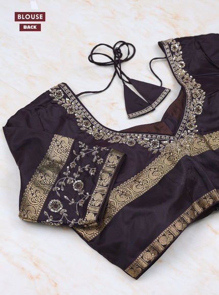 Purple - Coffee Brown Pure Kanchipuram Silk Saree Embroidered Readymade Blouse
