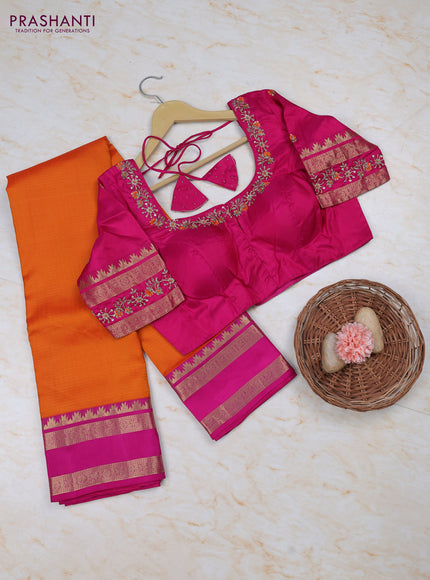 Orange - Pink Pure Kanchipuram Silk Saree Embroidered Readymade Blouse