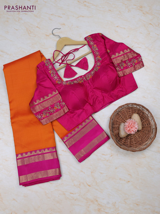 Orange - Pink Pure Kanchipuram Silk Saree Embroidered Readymade Blouse