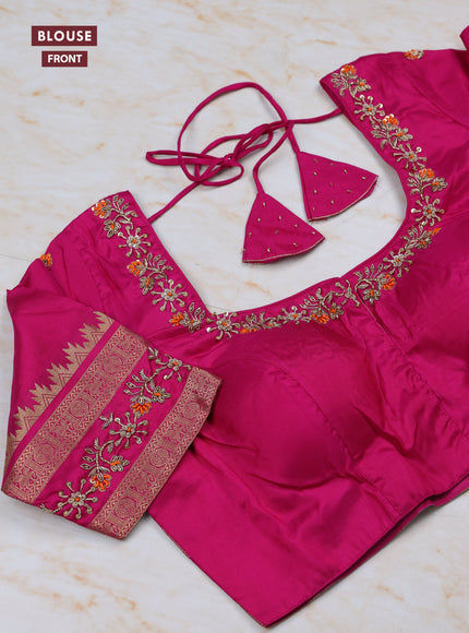 Orange - Pink Pure Kanchipuram Silk Saree Embroidered Readymade Blouse