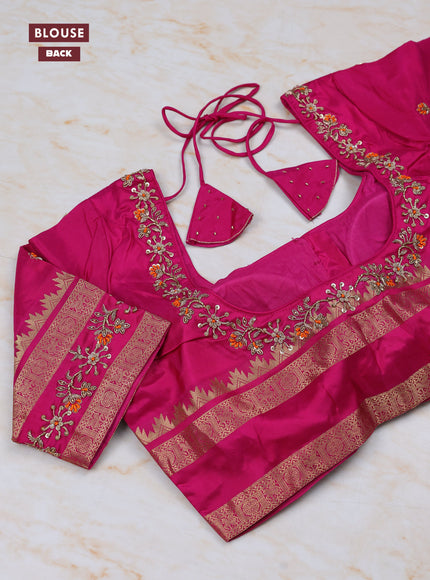 Orange - Pink Pure Kanchipuram Silk Saree Embroidered Readymade Blouse