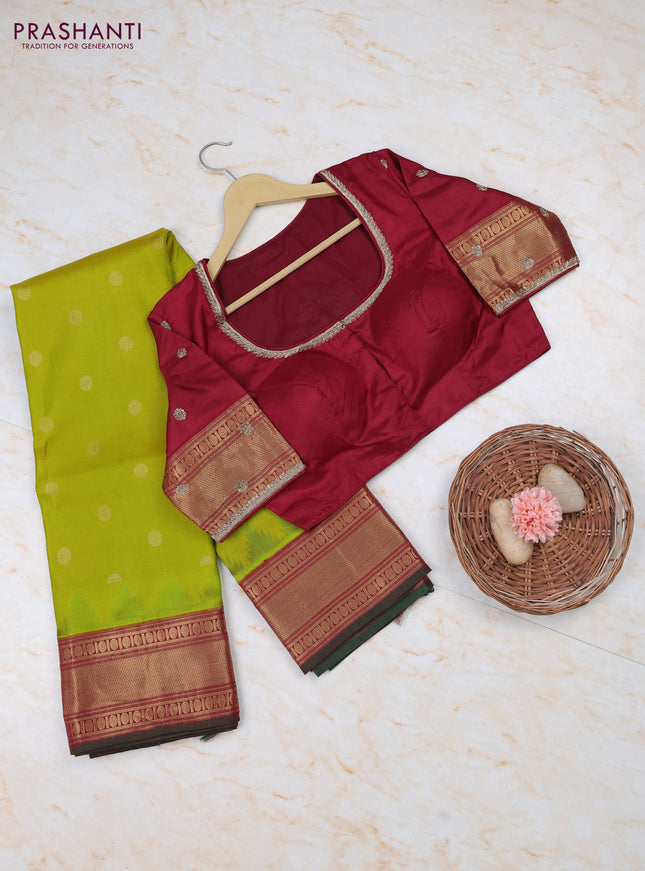 Lime Green - Maroon Pure Kanchipuram Silk Saree Embroidered Readymade Blouse