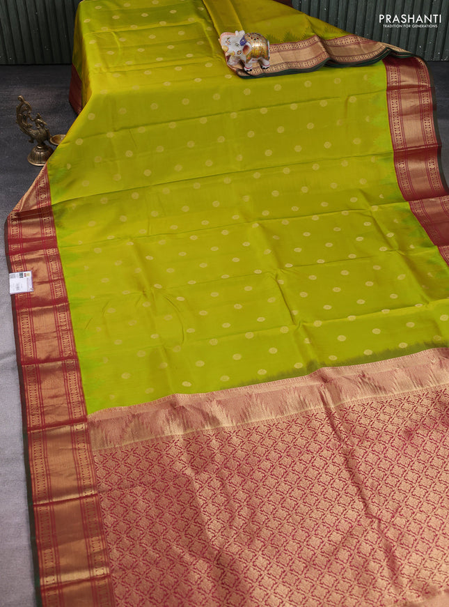 Lime Green - Maroon Pure Kanchipuram Silk Saree Embroidered Readymade Blouse