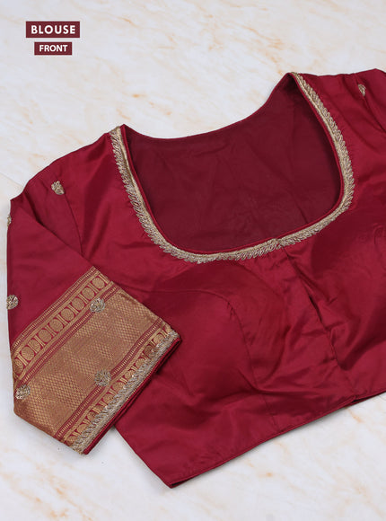 Lime Green - Maroon Pure Kanchipuram Silk Saree Embroidered Readymade Blouse