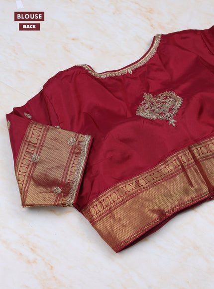Lime Green - Maroon Pure Kanchipuram Silk Saree Embroidered Readymade Blouse