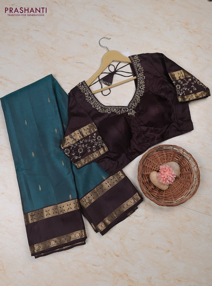 Peacock Green - Coffee Brown Pure Kanchipuram Silk Saree Embroidered Readymade Blouse