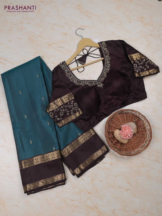 Peacock Green - Coffee Brown Pure Kanchipuram Silk Saree Embroidered Readymade Blouse