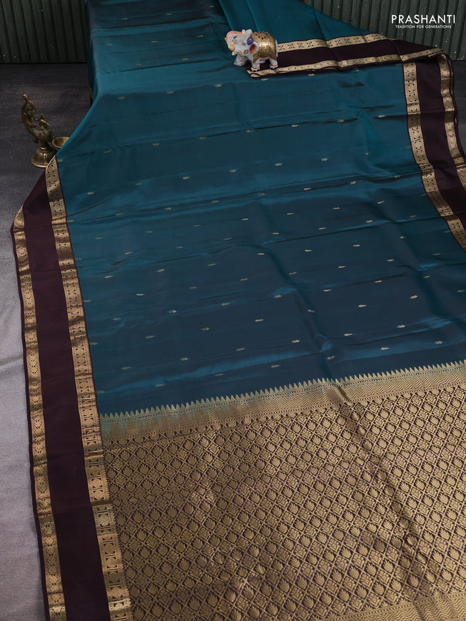 Peacock Green - Coffee Brown Pure Kanchipuram Silk Saree Embroidered Readymade Blouse