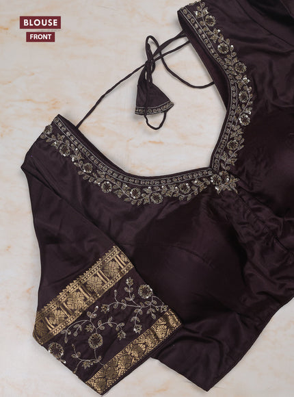 Peacock Green - Coffee Brown Pure Kanchipuram Silk Saree Embroidered Readymade Blouse