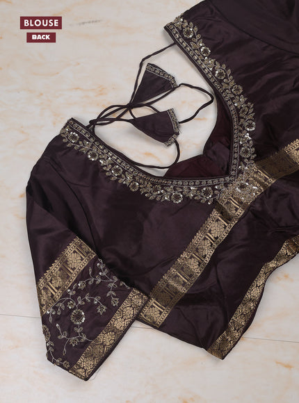 Peacock Green - Coffee Brown Pure Kanchipuram Silk Saree Embroidered Readymade Blouse