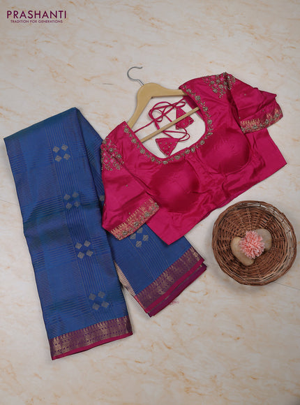 Blue - Pink Pure Kanchipuram Silk Saree Embroidered Readymade Blouse