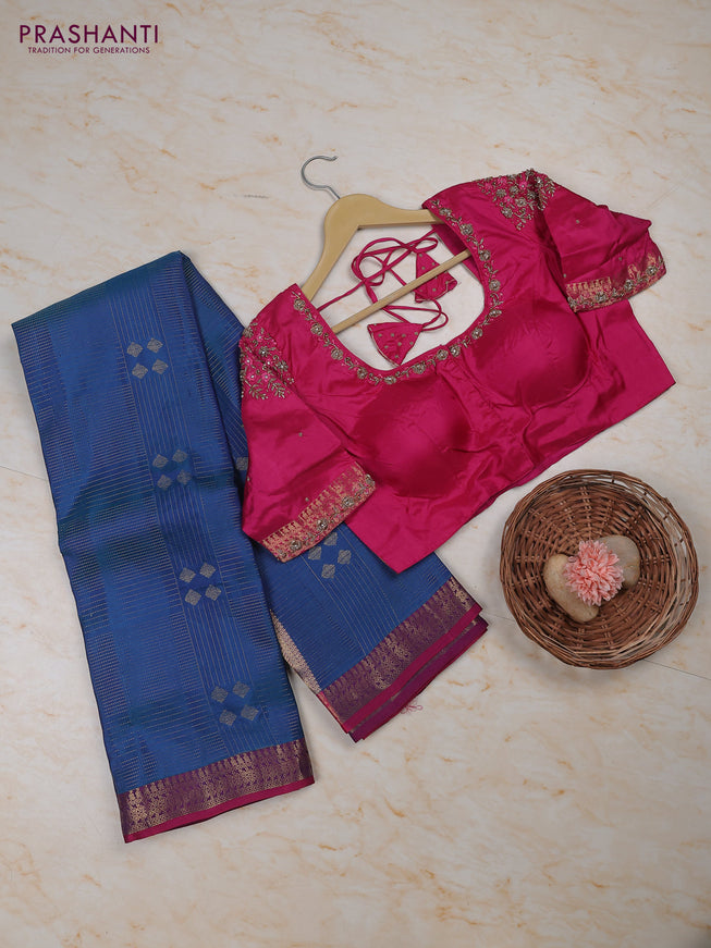 Blue - Pink Pure Kanchipuram Silk Saree Embroidered Readymade Blouse