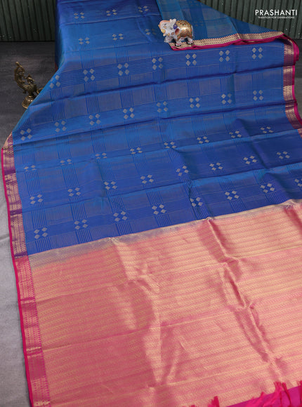 Blue - Pink Pure Kanchipuram Silk Saree Embroidered Readymade Blouse