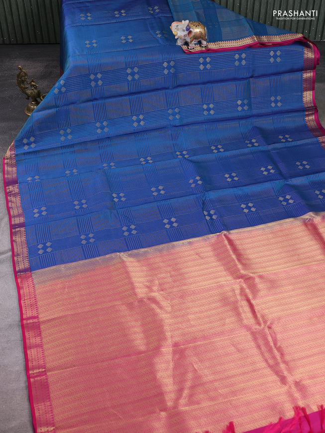 Blue - Pink Pure Kanchipuram Silk Saree Embroidered Readymade Blouse