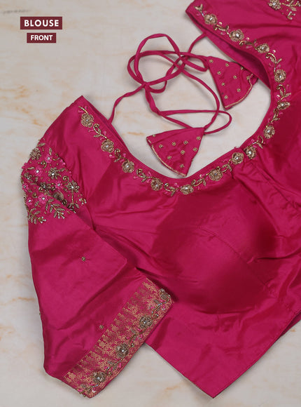 Blue - Pink Pure Kanchipuram Silk Saree Embroidered Readymade Blouse