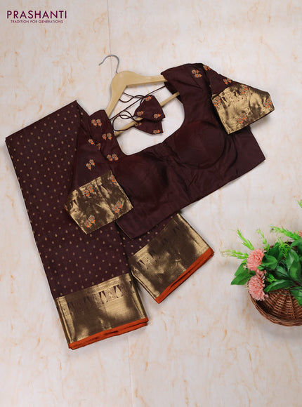 Coffee Brown Pure Kanchipuram Silk Saree Embroidered Readymade Blouse