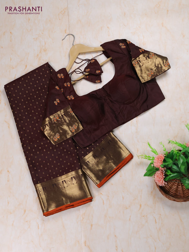 Coffee Brown Pure Kanchipuram Silk Saree Embroidered Readymade Blouse
