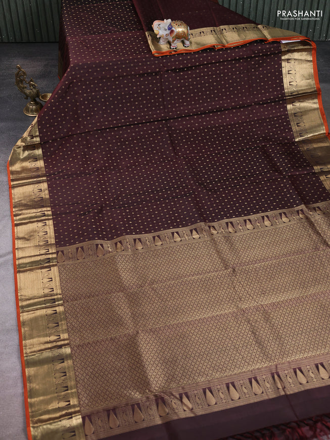 Coffee Brown Pure Kanchipuram Silk Saree Embroidered Readymade Blouse