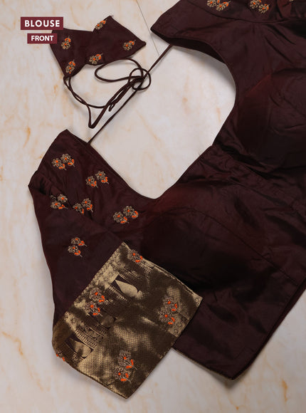 Coffee Brown Pure Kanchipuram Silk Saree Embroidered Readymade Blouse